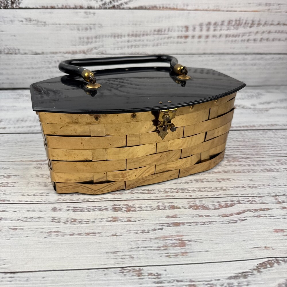Vintage Dorset Rex Fifth Ave 1950s Basket Weave Gold Black Metal Purse Box